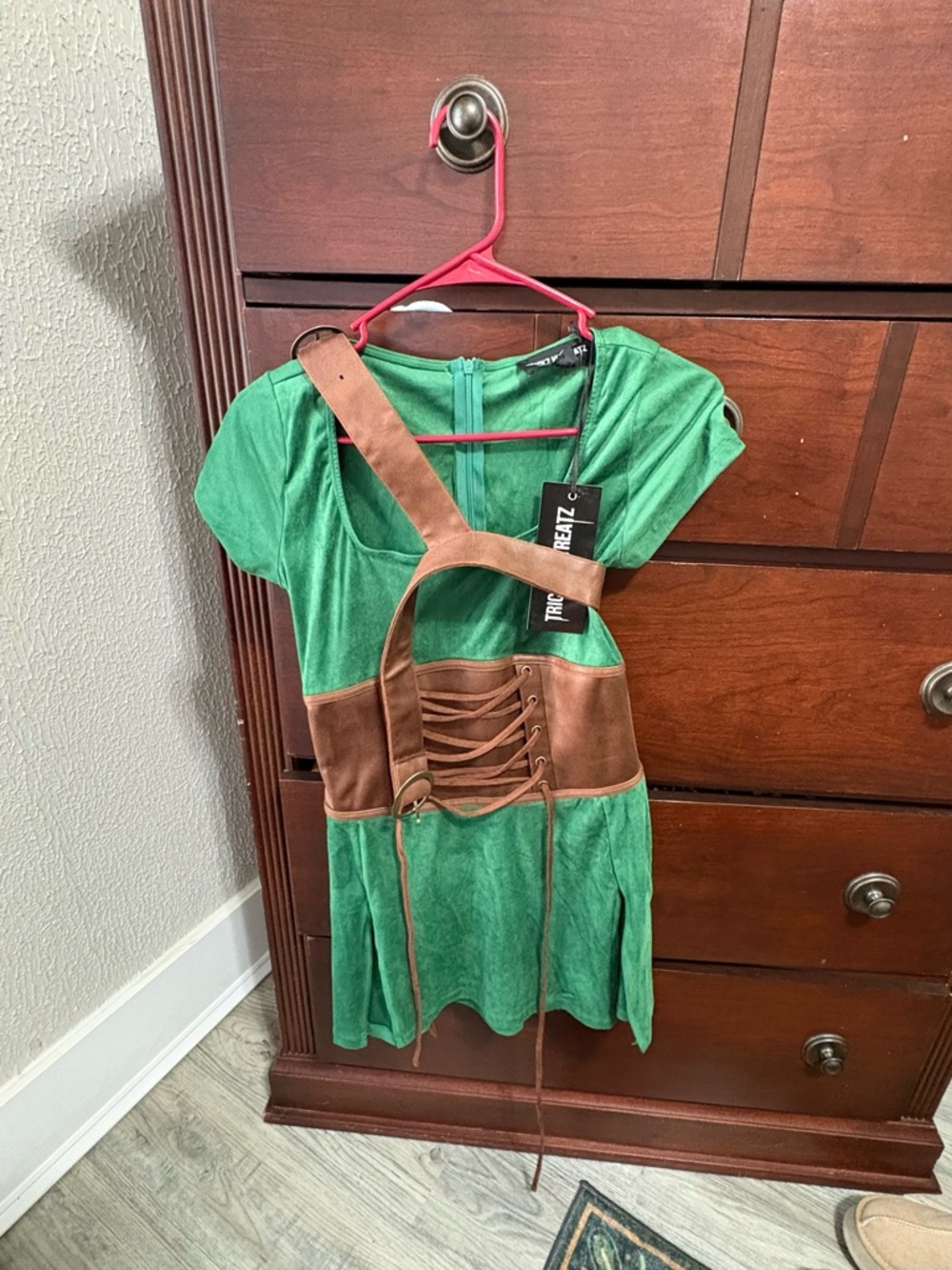 Dolls Kill Green Adventure Dress with Brown Faux-Leather Corset